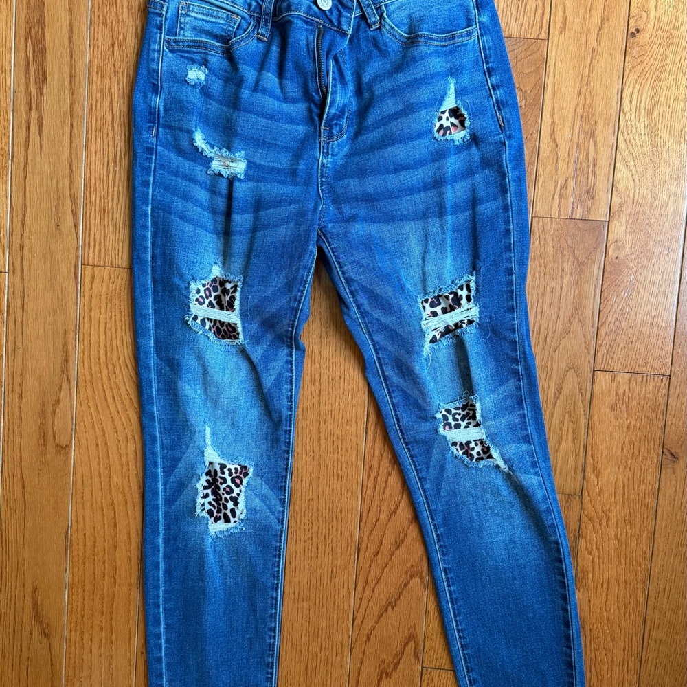 Amazon Blue Skinny Jeans with Leopard Accents